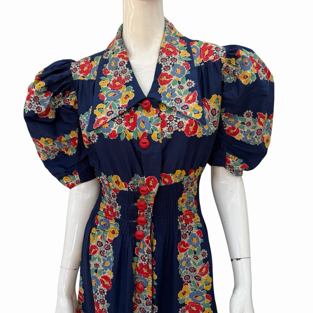 VTG 1940’s Extreme Puff Sleeve Maxi Dress Cotton Border Print Dagger Collar, L - Picture 2 of 14
